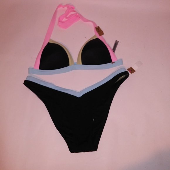 Victoria Secret PINK Swim Bikini XL Top XXL Bottom Black Pink‎ Blue Green Padded - Picture 4 of 12